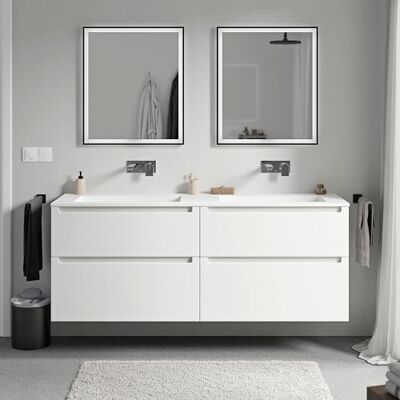 Bernstein Meuble double vasque suspendu salle de bain MDF Blanc mat, lavabos fonte minérale Blanc mat sans trou robinet, tiroirs passe-main pivotants 160x46x62cm VIREO - Publicité Bernstein Meuble double vasque suspendu salle de bain MDF Blanc mat, lavabos fonte minérale Blanc mat sans trou robinet, tiroirs passe-main pivotants 160x46x62cm VIREO - Publicité