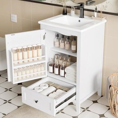 Merax Armoire de salle de bain au sol 51 x 46 x 85 cm avec lavabo, lavabo en céramique, tiroir silencieux, étagère réglable, étagère de porte, résistante à l'humidité et à l'eau, blanche - Publicité Merax Armoire de salle de bain au sol 51 x 46 x 85 cm avec lavabo, lavabo en céramique, tiroir silencieux, étagère réglable, étagère de porte, résistante à l'humidité et à l'eau, blanche - Publicité