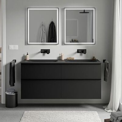 Bernstein Meuble vasque suspendu salle de bain MDF Noir mat, lavabo fonte minérale sans trou robinet & poignée métal Noir mat 120x46x62cm LAVOA - Publicité Bernstein Meuble vasque suspendu salle de bain MDF Noir mat, lavabo fonte minérale sans trou robinet & poignée métal Noir mat 120x46x62cm LAVOA - Publicité