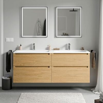 Bernstein Meuble double vasque suspendu salle de bain MDF Chêne miel, lavabos fonte minérale Blanc mat + trous robinet, tiroirs passe-main pivotants 160x46x62cm VIREO - Publicité Bernstein Meuble double vasque suspendu salle de bain MDF Chêne miel, lavabos fonte minérale Blanc mat + trous robinet, tiroirs passe-main pivotants 160x46x62cm VIREO - Publicité