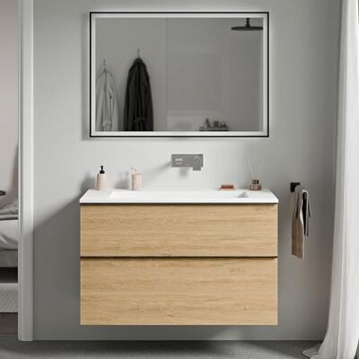 Bernstein Meuble vasque suspendu salle de bain MDF Chêne miel, lavabo fonte minérale Blanc mat sans trou robinet, poignée métal Anthracite mat 100x46x62cm LAVOA - Publicité Bernstein Meuble vasque suspendu salle de bain MDF Chêne miel, lavabo fonte minérale Blanc mat sans trou robinet, poignée métal Anthracite mat 100x46x62cm LAVOA - Publicité