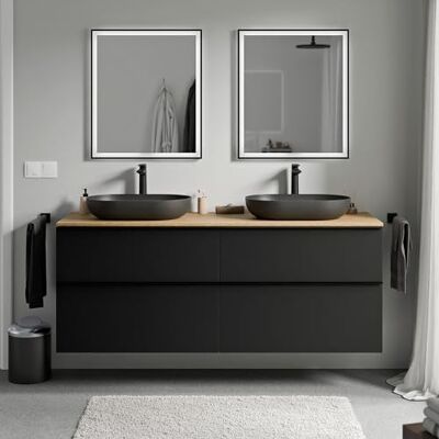 Bernstein Meuble sous vasque suspendu salle de bain MDF Noir mat, plan vasque Chêne miel, poignée métal Noir mat 160x46x62cm LAVOA - Publicité Bernstein Meuble sous vasque suspendu salle de bain MDF Noir mat, plan vasque Chêne miel, poignée métal Noir mat 160x46x62cm LAVOA - Publicité