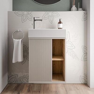 Bernstein Petit meuble vasque suspendu salle de bain MDF lavabo céramique DURAVIT 1 porte charnière à gauche + 2 cases rangement Gris soie mat 55x24x59cm BELDIVO - Publicité Bernstein Petit meuble vasque suspendu salle de bain MDF lavabo céramique DURAVIT 1 porte charnière à gauche + 2 cases rangement Gris soie mat 55x24x59cm BELDIVO - Publicité
