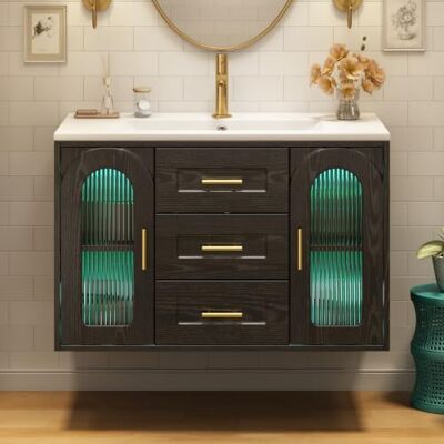 Merax Meuble Salle de Bain Suspendu 76 cm avec Vasque Céramique, Meuble Vasque avec 2 Tiroirs, 2 Portes en Verre Rainuré, Éclairage LED, Étagères Réglables, Décor Bois Noir, sans Robinet - Publicité Merax Meuble Salle de Bain Suspendu 76 cm avec Vasque Céramique, Meuble Vasque avec 2 Tiroirs, 2 Portes en Verre Rainuré, Éclairage LED, Étagères Réglables, Décor Bois Noir, sans Robinet - Publicité