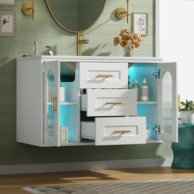 Merax Meuble Salle de Bain Suspendu 76 cm avec Vasque Céramique, Meuble Vasque avec 2 Tiroirs, 2 Portes en Verre Rainuré, Éclairage LED, Étagères Réglables, Décor Bois Blanc, sans Robinet - Publicité Merax Meuble Salle de Bain Suspendu 76 cm avec Vasque Céramique, Meuble Vasque avec 2 Tiroirs, 2 Portes en Verre Rainuré, Éclairage LED, Étagères Réglables, Décor Bois Blanc, sans Robinet - Publicité
