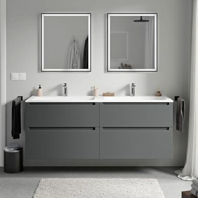 Bernstein Meuble double vasque suspendu salle de bain MDF Anthracite mat, lavabos fonte minérale Blanc mat + trous robinet, tiroirs passe-main pivotants 160x46x62cm VIREO - Publicité Bernstein Meuble double vasque suspendu salle de bain MDF Anthracite mat, lavabos fonte minérale Blanc mat + trous robinet, tiroirs passe-main pivotants 160x46x62cm VIREO - Publicité