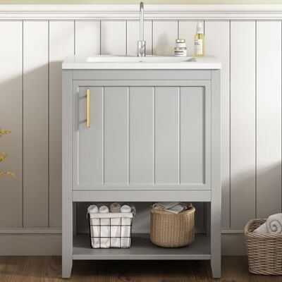 Merax Lavabo simple avec meuble sous-vasque, 60 cm, avec lavabo en céramique, étagère et espace de rangement spacieux, pose au sol Gris clair - Publicité Merax Lavabo simple avec meuble sous-vasque, 60 cm, avec lavabo en céramique, étagère et espace de rangement spacieux, pose au sol Gris clair - Publicité