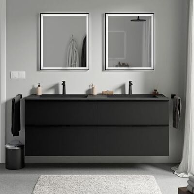 Bernstein Meuble vasque suspendu salle de bain MDF Noir mat, lavabo fonte minérale Noir mat + trou robinet, poignée métal Noir mat 160x46x62cm LAVOA - Publicité Bernstein Meuble vasque suspendu salle de bain MDF Noir mat, lavabo fonte minérale Noir mat + trou robinet, poignée métal Noir mat 160x46x62cm LAVOA - Publicité