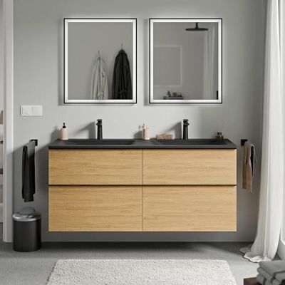 Bernstein Meuble vasque suspendu salle de bain MDF Chêne miel, lavabo fonte minérale Noir mat + trou robinet, poignée métal Anthracite mat 120x46x62cm LAVOA - Publicité Bernstein Meuble vasque suspendu salle de bain MDF Chêne miel, lavabo fonte minérale Noir mat + trou robinet, poignée métal Anthracite mat 120x46x62cm LAVOA - Publicité