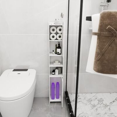 LANTUS Petit Meuble de Rangement pour Toilettes, Meuble de Salle de Bain Support Papier Toilette avec Placard et étagères réglables-26 * 22 * 118cm-Blanc - Publicité LANTUS Petit Meuble de Rangement pour Toilettes, Meuble de Salle de Bain Support Papier Toilette avec Placard et étagères réglables-26 * 22 * 118cm-Blanc - Publicité