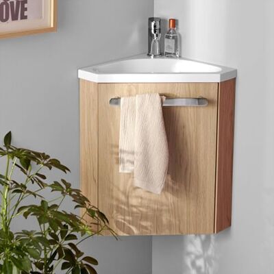 Mob in SKINO Lavabo d'angle chêne avec vasque blanche - Publicité Mob in SKINO Lavabo d'angle chêne avec vasque blanche - Publicité