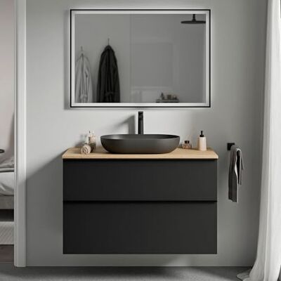 Bernstein Meuble sous vasque suspendu salle de bain MDF Noir mat, plan vasque Chêne miel, poignée métal Anthracite mat 100x46x62cm LAVOA - Publicité Bernstein Meuble sous vasque suspendu salle de bain MDF Noir mat, plan vasque Chêne miel, poignée métal Anthracite mat 100x46x62cm LAVOA - Publicité
