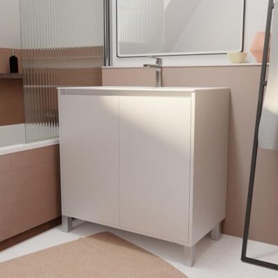 Ensemble Mobilier de Salle de Bain XENOS - Laqué Blanc, 2 Portes, Lavabo en Céramique - Publicité Ensemble Mobilier de Salle de Bain XENOS - Laqué Blanc, 2 Portes, Lavabo en Céramique - Publicité