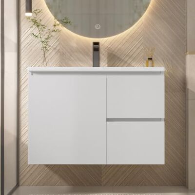 Merax Ensemble de meuble de salle de bain avec vasque et éclairage LED à capteur radar intégré, lavabo en céramique intégré, deux tiroirs silencieux, étagère gauche et droite blanches 76x46x50 cm - Publicité Merax Ensemble de meuble de salle de bain avec vasque et éclairage LED à capteur radar intégré, lavabo en céramique intégré, deux tiroirs silencieux, étagère gauche et droite blanches 76x46x50 cm - Publicité