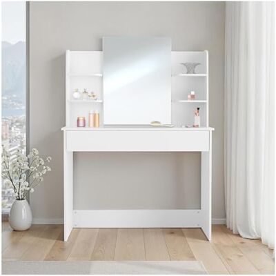 tectake ® Coiffeuse 100 x 40 x 139,5 cm, Miroir 49 x 64 cm, Large Tiroir avec 3 compartiments, 4 Étagères, Coiffeuse avec miroir, Table de maquillage Meuble chambre adulte Deco chambre ado fille, Blanc - Publicité tectake ® Coiffeuse 100 x 40 x 139,5 cm, Miroir 49 x 64 cm, Large Tiroir avec 3 compartiments, 4 Étagères, Coiffeuse avec miroir, Table de maquillage Meuble chambre adulte Deco chambre ado fille, Blanc - Publicité