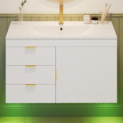 Merax Meuble Salle de Bain Suspendu 76 cm avec Vasque Céramique, Meuble Vasque avec 2 Tiroirs, Rangement Latéral, Soft Close, Décor Bois Blanc, sans Robinet - Publicité Merax Meuble Salle de Bain Suspendu 76 cm avec Vasque Céramique, Meuble Vasque avec 2 Tiroirs, Rangement Latéral, Soft Close, Décor Bois Blanc, sans Robinet - Publicité
