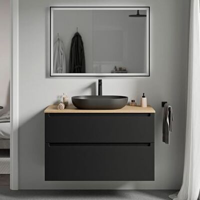 Bernstein Meuble sous vasque suspendu salle de bain MDF Noir mat, plan vasque Chêne miel, tiroirs passe-main pivotants 80x46x62cm VIREO - Publicité Bernstein Meuble sous vasque suspendu salle de bain MDF Noir mat, plan vasque Chêne miel, tiroirs passe-main pivotants 80x46x62cm VIREO - Publicité