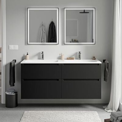 Bernstein Meuble double vasque suspendu salle de bain MDF Noir mat, lavabos fonte minérale Blanc mat + trous robinet, tiroirs passe-main pivotants 120x46x62cm VIREO - Publicité Bernstein Meuble double vasque suspendu salle de bain MDF Noir mat, lavabos fonte minérale Blanc mat + trous robinet, tiroirs passe-main pivotants 120x46x62cm VIREO - Publicité