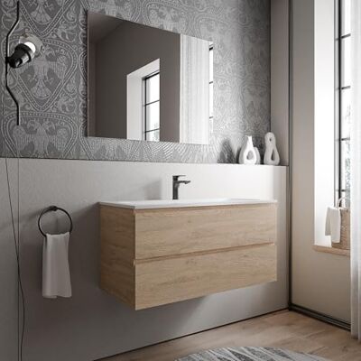 Bernstein Meuble vasque suspendu salle de bain MDF Chêne miel, lavabo fonte minérale Blanc mat, avec trou robinet 100x46x50cm AVA BRUXELLES - Publicité Bernstein Meuble vasque suspendu salle de bain MDF Chêne miel, lavabo fonte minérale Blanc mat, avec trou robinet 100x46x50cm AVA BRUXELLES - Publicité