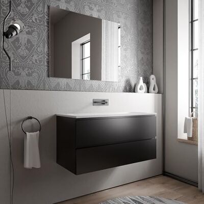 Bernstein Meuble vasque suspendu salle de bain MDF Noir mat, lavabo fonte minérale Blanc mat, sans trou robinet 100x46x50cm AVA CREAM - Publicité Bernstein Meuble vasque suspendu salle de bain MDF Noir mat, lavabo fonte minérale Blanc mat, sans trou robinet 100x46x50cm AVA CREAM - Publicité