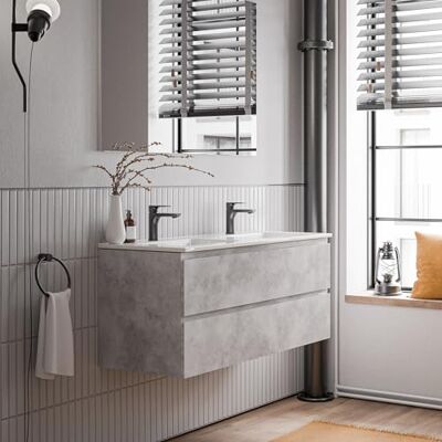 Bernstein Meuble double vasque suspendu salle de bain MDF Gris béton, lavabos Céramique Blanc brillant + trous robinets, trop plein & Bondes 120x46x50cm AVA - Publicité Bernstein Meuble double vasque suspendu salle de bain MDF Gris béton, lavabos Céramique Blanc brillant + trous robinets, trop plein & Bondes 120x46x50cm AVA - Publicité