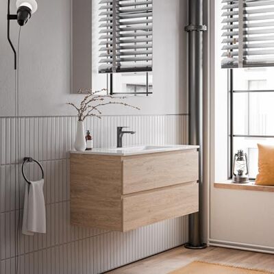 Bernstein Meuble vasque suspendu salle de bain MDF Chêne miel, lavabo Céramique Blanc brillant + trou robinet, trop plein & Bonde 100x46x50cm AVA - Publicité Bernstein Meuble vasque suspendu salle de bain MDF Chêne miel, lavabo Céramique Blanc brillant + trou robinet, trop plein & Bonde 100x46x50cm AVA - Publicité