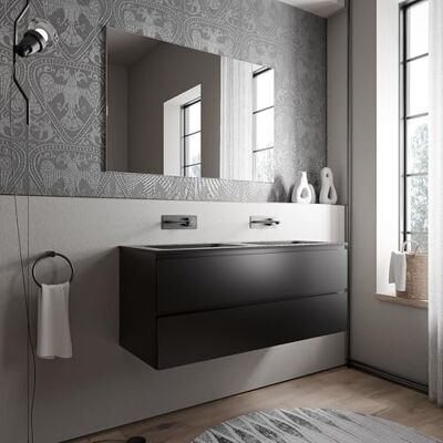 Bernstein Meuble double vasque suspendu salle de bain MDF Noir mat, 2 lavabos fonte minérale Noir mat, sans trou robinet 120x46x50cm AVA BRUXELLES - Publicité Bernstein Meuble double vasque suspendu salle de bain MDF Noir mat, 2 lavabos fonte minérale Noir mat, sans trou robinet 120x46x50cm AVA BRUXELLES - Publicité