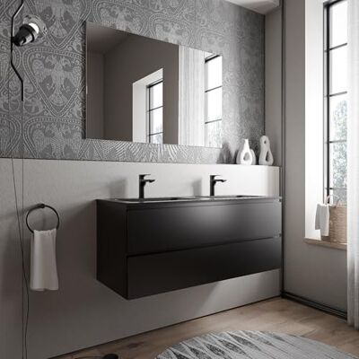 Bernstein Meuble double vasque suspendu salle de bain MDF Noir mat, 2 lavabos fonte minérale Noir mat, avec trous robinets 120x46x50cm AVA BRUXELLES - Publicité Bernstein Meuble double vasque suspendu salle de bain MDF Noir mat, 2 lavabos fonte minérale Noir mat, avec trous robinets 120x46x50cm AVA BRUXELLES - Publicité