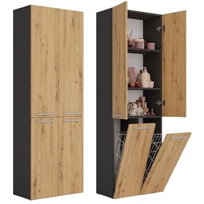 Armoire de salle de bain 3XE LIVING - Anthracite/Chêne - 30x60x174cm - Économise d'espace - Publicité Armoire de salle de bain 3XE LIVING - Anthracite/Chêne - 30x60x174cm - Économise d'espace - Publicité