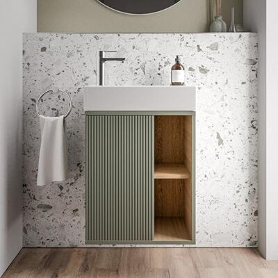 Bernstein Petit meuble vasque suspendu salle de bain MDF lavabo céramique DURAVIT 1 porte charnière à gauche + 2 cases rangement Vert Jade mat 55x24x59cm BELDIVO - Publicité Bernstein Petit meuble vasque suspendu salle de bain MDF lavabo céramique DURAVIT 1 porte charnière à gauche + 2 cases rangement Vert Jade mat 55x24x59cm BELDIVO - Publicité