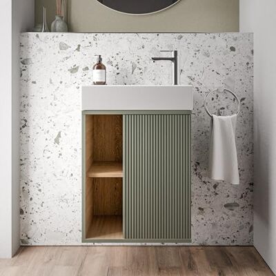 Bernstein Petit meuble vasque de salle de bain MDF avec lavabo céramique, charnière à droite Garantie 5 ans 48,7x24,3x58,5cm Vert mat BELDIVO - Publicité Bernstein Petit meuble vasque de salle de bain MDF avec lavabo céramique, charnière à droite Garantie 5 ans 48,7x24,3x58,5cm Vert mat BELDIVO - Publicité