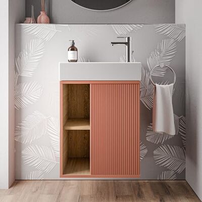 Bernstein Petit meuble vasque de salle de bain MDF avec lavabo céramique, charnière à droite Garantie 5 ans 48,7x24,3x58,5cm Abricot mat BELDIVO - Publicité Bernstein Petit meuble vasque de salle de bain MDF avec lavabo céramique, charnière à droite Garantie 5 ans 48,7x24,3x58,5cm Abricot mat BELDIVO - Publicité