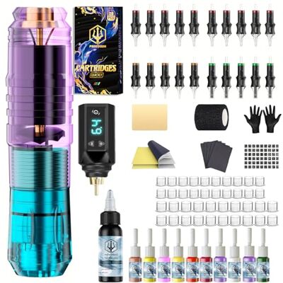 POSEIDON Kit de Tatouage, Machine à Tatouer Sans Fil pour Débutants 20 Aiguilles Stériles, Encres et Peau d'Entraînement Incluses, Batterie 1500mAh 4-6h, Tension Réglable 4-12V, Course 3,5mm - Publicité POSEIDON Kit de Tatouage, Machine à Tatouer Sans Fil pour Débutants 20 Aiguilles Stériles, Encres et Peau d'Entraînement Incluses, Batterie 1500mAh 4-6h, Tension Réglable 4-12V, Course 3,5mm - Publicité