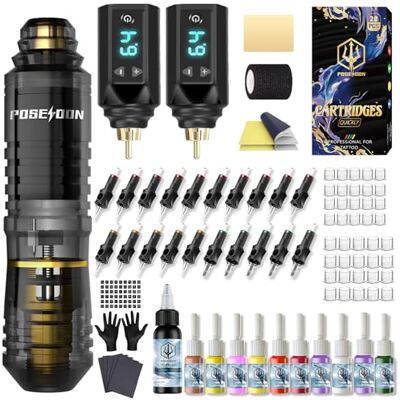 POSEIDON Kit de Tatouage Sans Fil HM142, 2 Batteries, 20 Aiguilles Course 3,5mm, Tension Réglable 4-12V, Encre Noire et 10 Couleurs, Peau d'Entraînement 3mm, 126g Léger - Publicité POSEIDON Kit de Tatouage Sans Fil HM142, 2 Batteries, 20 Aiguilles Course 3,5mm, Tension Réglable 4-12V, Encre Noire et 10 Couleurs, Peau d'Entraînement 3mm, 126g Léger - Publicité