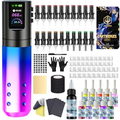 POSEIDON Kit de Machine à Tatouer Rotative Sans Fil avec 20 Cartouches d'Aiguilles, Encres & Batteries Rechargeables Pistolet à Tatouer Professionnel Portable pour Débutants Fournitures Complètes - Publicité POSEIDON Kit de Machine à Tatouer Rotative Sans Fil avec 20 Cartouches d'Aiguilles, Encres & Batteries Rechargeables Pistolet à Tatouer Professionnel Portable pour Débutants Fournitures Complètes - Publicité