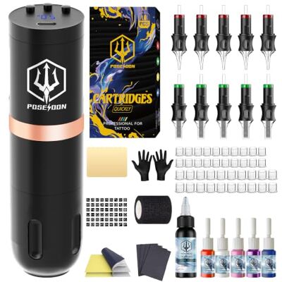 POSEIDON Stylo de Tatouage Rotatif Sans Fil, Kit pour Débutants Batterie 1500mAh 4-6h, 10 Aiguilles Stériles, Encres et Peau d'Entraînement Incluses, Tension Réglable 4-12V, Course 4,2mm - Publicité POSEIDON Stylo de Tatouage Rotatif Sans Fil, Kit pour Débutants Batterie 1500mAh 4-6h, 10 Aiguilles Stériles, Encres et Peau d'Entraînement Incluses, Tension Réglable 4-12V, Course 4,2mm - Publicité
