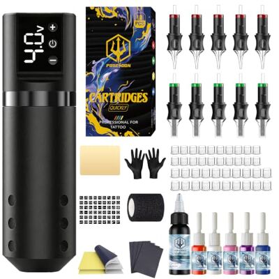 POSEIDON Stylo de Tatouage Rotatif Sans Fil, Kit pour Débutants Batterie 1500mAh 4-6h, 10 Aiguilles Stériles, Encres et Peau d'Entraînement Incluses, Tension Réglable 4-12V, Course 4,2mm - Publicité POSEIDON Stylo de Tatouage Rotatif Sans Fil, Kit pour Débutants Batterie 1500mAh 4-6h, 10 Aiguilles Stériles, Encres et Peau d'Entraînement Incluses, Tension Réglable 4-12V, Course 4,2mm - Publicité