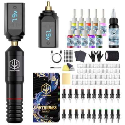 POSEIDON Kit de Tatouage, Machine à Tatouer Sans Fil pour Débutants 20 Aiguilles Stériles, Encres et Peau d'Entraînement Incluses, Batterie 1500mAh 4-6h, Tension Réglable 4-12V, Course 3,5mm - Publicité POSEIDON Kit de Tatouage, Machine à Tatouer Sans Fil pour Débutants 20 Aiguilles Stériles, Encres et Peau d'Entraînement Incluses, Batterie 1500mAh 4-6h, Tension Réglable 4-12V, Course 3,5mm - Publicité