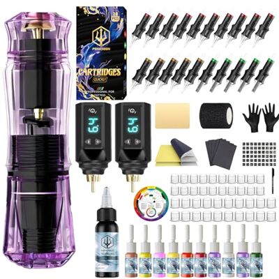 POSEIDON Kit Stylo de Tatouage Sans Fil, Corps Transparent, 2 Batteries 20 Aiguilles Stériles, 11 Encres et 1 Peaux d'Entraînement 3mm Incluses, Tension Réglable 4-12V, Batterie 1500mAh 4-6h - Publicité POSEIDON Kit Stylo de Tatouage Sans Fil, Corps Transparent, 2 Batteries 20 Aiguilles Stériles, 11 Encres et 1 Peaux d'Entraînement 3mm Incluses, Tension Réglable 4-12V, Batterie 1500mAh 4-6h - Publicité