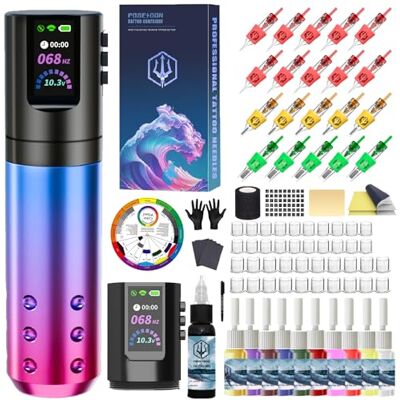 POSEIDON Stylo de Tatouage Sans Fil, Écran Numérique, 2 Batteries Batteries 1800mAh 6-8h, 20 Aiguilles Stériles, 11 Encres et Peau d'Entraînement Incluses, Tension Réglable 4-12V - Publicité POSEIDON Stylo de Tatouage Sans Fil, Écran Numérique, 2 Batteries Batteries 1800mAh 6-8h, 20 Aiguilles Stériles, 11 Encres et Peau d'Entraînement Incluses, Tension Réglable 4-12V - Publicité