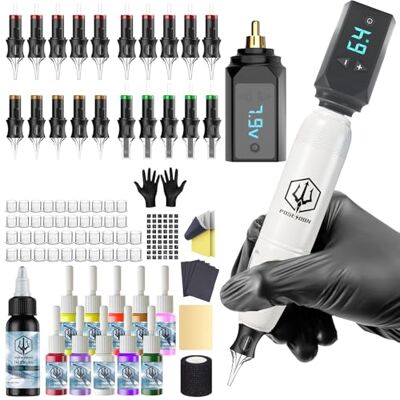 POSEIDON Kit de Machine à Tatouer Rotative Sans Fil avec 20 Cartouches d'Aiguilles,Encres & 2 Batteries Rechargeables Pistolet à Tatouer Professionnel Portable pour Débutants Fournitures Complètes - Publicité POSEIDON Kit de Machine à Tatouer Rotative Sans Fil avec 20 Cartouches d'Aiguilles,Encres & 2 Batteries Rechargeables Pistolet à Tatouer Professionnel Portable pour Débutants Fournitures Complètes - Publicité
