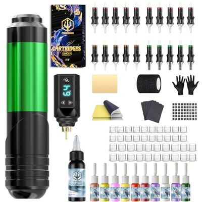 POSEIDON Kit de Tatouage, Machine à Tatouer Sans Fil pour Débutants 20 Aiguilles Stériles, Encres et Peau d'Entraînement Incluses, Batterie 1500mAh 4-6h, Tension Réglable 4-12V, Course 4,2mm - Publicité POSEIDON Kit de Tatouage, Machine à Tatouer Sans Fil pour Débutants 20 Aiguilles Stériles, Encres et Peau d'Entraînement Incluses, Batterie 1500mAh 4-6h, Tension Réglable 4-12V, Course 4,2mm - Publicité