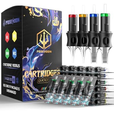 POSEIDON Aiguilles Cartouches Tatouage Professionnelles Lot de 50 10 Tailles (#12 Round Liner, Shader & Magnum) 5RL/7RL/9RL/5RS/7RS/9RS/7M1/15M1/7RM/15RM Compatibles Toutes Machines - Publicité POSEIDON Aiguilles Cartouches Tatouage Professionnelles Lot de 50 10 Tailles (#12 Round Liner, Shader & Magnum) 5RL/7RL/9RL/5RS/7RS/9RS/7M1/15M1/7RM/15RM Compatibles Toutes Machines - Publicité