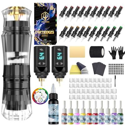 POSEIDON Kit Stylo de Tatouage Sans Fil, Corps Transparent, 2 Batteries 20 Aiguilles Stériles, 11 Encres et 1 Peaux d'Entraînement 3mm Incluses, Tension Réglable 4-12V, Batterie 1500mAh 4-6h - Publicité POSEIDON Kit Stylo de Tatouage Sans Fil, Corps Transparent, 2 Batteries 20 Aiguilles Stériles, 11 Encres et 1 Peaux d'Entraînement 3mm Incluses, Tension Réglable 4-12V, Batterie 1500mAh 4-6h - Publicité