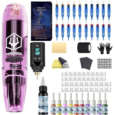 POSEIDON Kit de tatouage , stylo sans fil avec batterie longue durée et kit de démarrage complet Machine à tatouer sans fil pour débutants Inclut 20 aiguilles, encres, peau d’entraînement - Publicité POSEIDON Kit de tatouage , stylo sans fil avec batterie longue durée et kit de démarrage complet Machine à tatouer sans fil pour débutants Inclut 20 aiguilles, encres, peau d’entraînement - Publicité