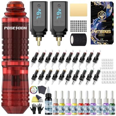 POSEIDON Kit de Tatouage Sans Fil HM142, 2 Batteries, 20 Aiguilles Course 3,5mm, Tension Réglable 4-12V, Encre Noire et 10 Couleurs, Peau d'Entraînement 3mm, 126g Léger - Publicité POSEIDON Kit de Tatouage Sans Fil HM142, 2 Batteries, 20 Aiguilles Course 3,5mm, Tension Réglable 4-12V, Encre Noire et 10 Couleurs, Peau d'Entraînement 3mm, 126g Léger - Publicité