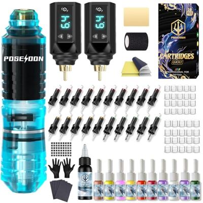 POSEIDON Kit de Tatouage Sans Fil HM142, 2 Batteries, 20 Aiguilles Course 3,5mm, Tension Réglable 4-12V, Encre Noire et 10 Couleurs, Peau d'Entraînement 3mm, 126g Léger - Publicité POSEIDON Kit de Tatouage Sans Fil HM142, 2 Batteries, 20 Aiguilles Course 3,5mm, Tension Réglable 4-12V, Encre Noire et 10 Couleurs, Peau d'Entraînement 3mm, 126g Léger - Publicité
