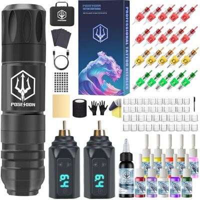 POSEIDON Kit de Tatouage Sans Fil, Machine Rotative avec 2 Batteries 20 Aiguilles Stériles, 11 Encres et Peau d'Entraînement Incluses, Tension Réglable 4-12V, Course 3,5mm, 165g Léger - Publicité POSEIDON Kit de Tatouage Sans Fil, Machine Rotative avec 2 Batteries 20 Aiguilles Stériles, 11 Encres et Peau d'Entraînement Incluses, Tension Réglable 4-12V, Course 3,5mm, 165g Léger - Publicité