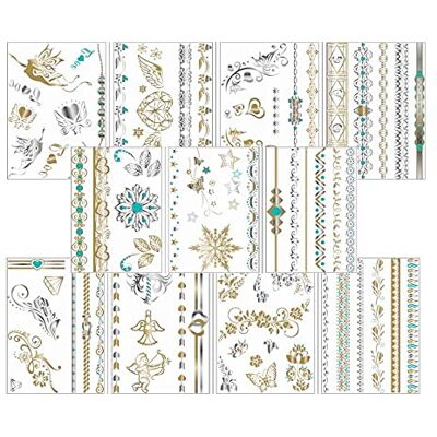 Beyond Lot de 11 feuilles de tatouages temporaires métallisés doré argenté turquoise - Publicité Beyond Lot de 11 feuilles de tatouages temporaires métallisés doré argenté turquoise - Publicité