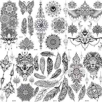 COKTAK 6 Feuilles Noir Autocollants Tatouage Temporaire Adultes Femmes Filles Plume Mandala Fleur Art Corps Bras Grand Tatouages Feuille Dentelle Mariage Tatouages Hibou Temporary Tattoos - Publicité COKTAK 6 Feuilles Noir Autocollants Tatouage Temporaire Adultes Femmes Filles Plume Mandala Fleur Art Corps Bras Grand Tatouages Feuille Dentelle Mariage Tatouages Hibou Temporary Tattoos - Publicité